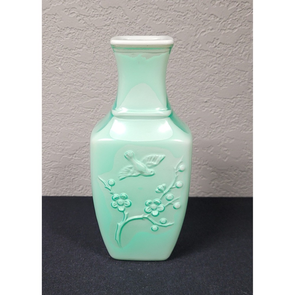 Vintage 1982 Avon Spring Dynasty Celadon Green Glass Vase Embossed Birds Floral